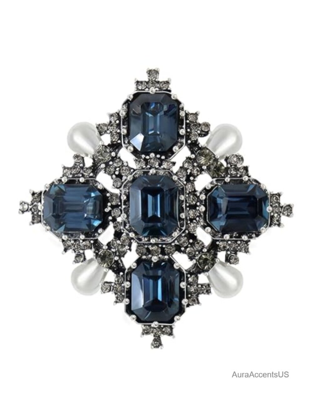 Vintage Square Brooch with Faux Crystals & Faux Pearls